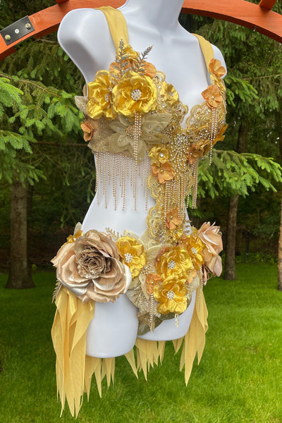 Dripping in Gold Golden Diamond Spring Fairy Goddess with Center Strap Monokini Dress Costume