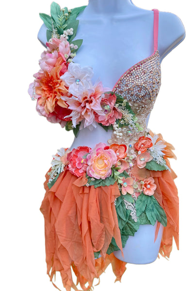 Sweet as a Peach Orange Spring Fairy Bra and Skirt Monokini Costume