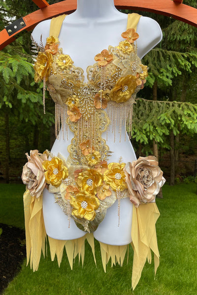 Dripping in Gold Golden Diamond Spring Fairy Goddess with Center Strap Monokini Dress Costume