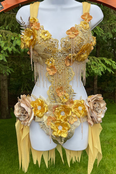 Dripping in Gold Golden Diamond Spring Fairy Goddess with Center Strap Monokini Dress Costume