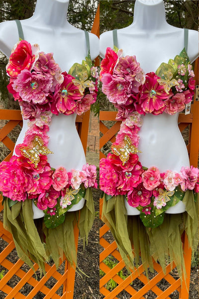 Green and Pink Spring Fairy with Green Skirt Monokini Costume