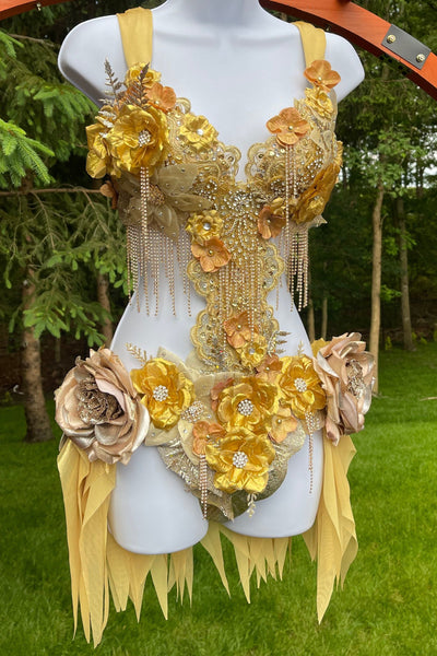 Dripping in Gold Golden Diamond Spring Fairy Goddess with Center Strap Monokini Dress Costume