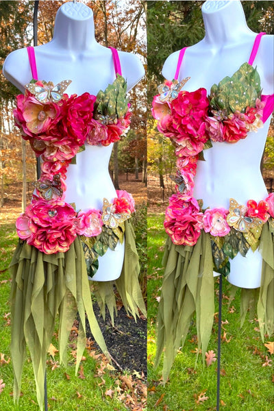 Green and Pink Spring Fairy with Green Skirt Monokini Costume