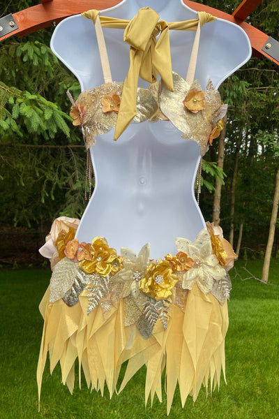 Dripping in Gold Golden Diamond Spring Fairy Goddess with Center Strap Monokini Dress Costume