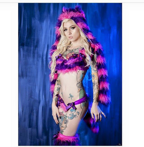 Cheshire Cat Inspired Fur Leg Warmers Rave Fluffies with Pink and Purple Stripes