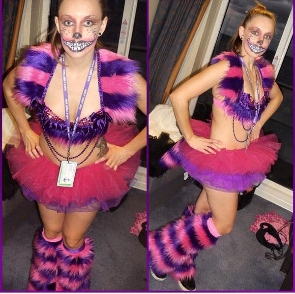 Cheshire Cat Inspired Fur Leg Warmers Rave Fluffies with Pink and Purple Stripes