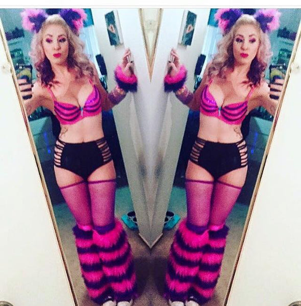 Cheshire Cat Inspired Fur Leg Warmers Rave Fluffies with Pink and Purple Stripes