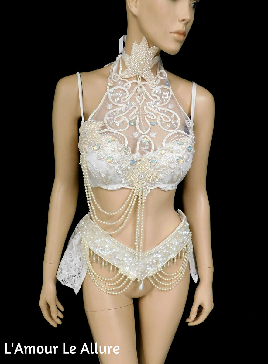 Dripping in Pearls White Lace Bra and Skirt Dance Costume Rave Halloween