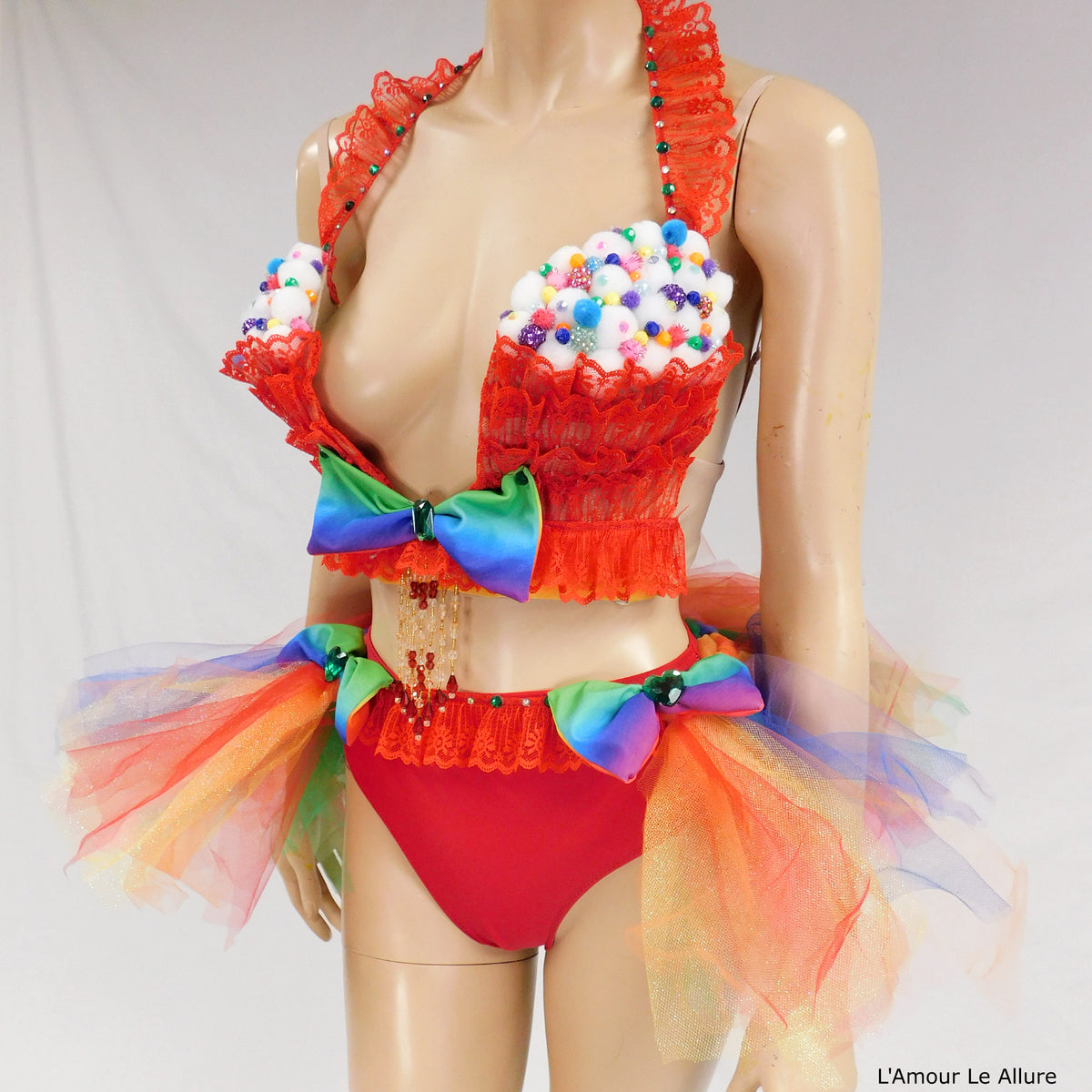 Red Cupcake Birthday Plunge Rave Bra with Tutu Bustle