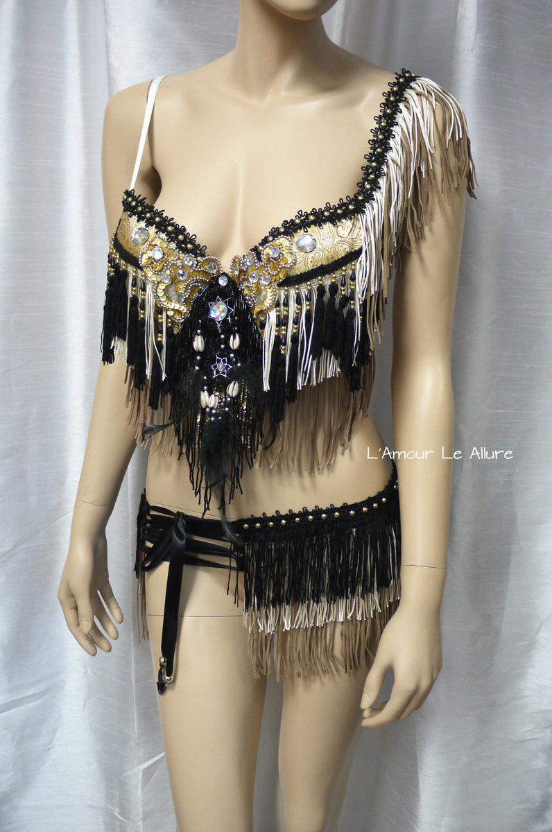 Gold and White Feather Native indian Fringe Plunge Bra and Skirt – L'Amour  Le Allure