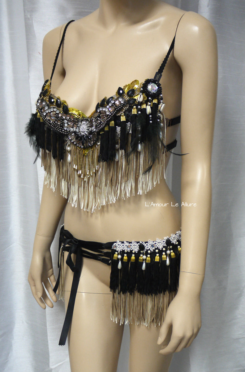 Gold and White Feather Native indian Fringe Plunge Bra and Skirt