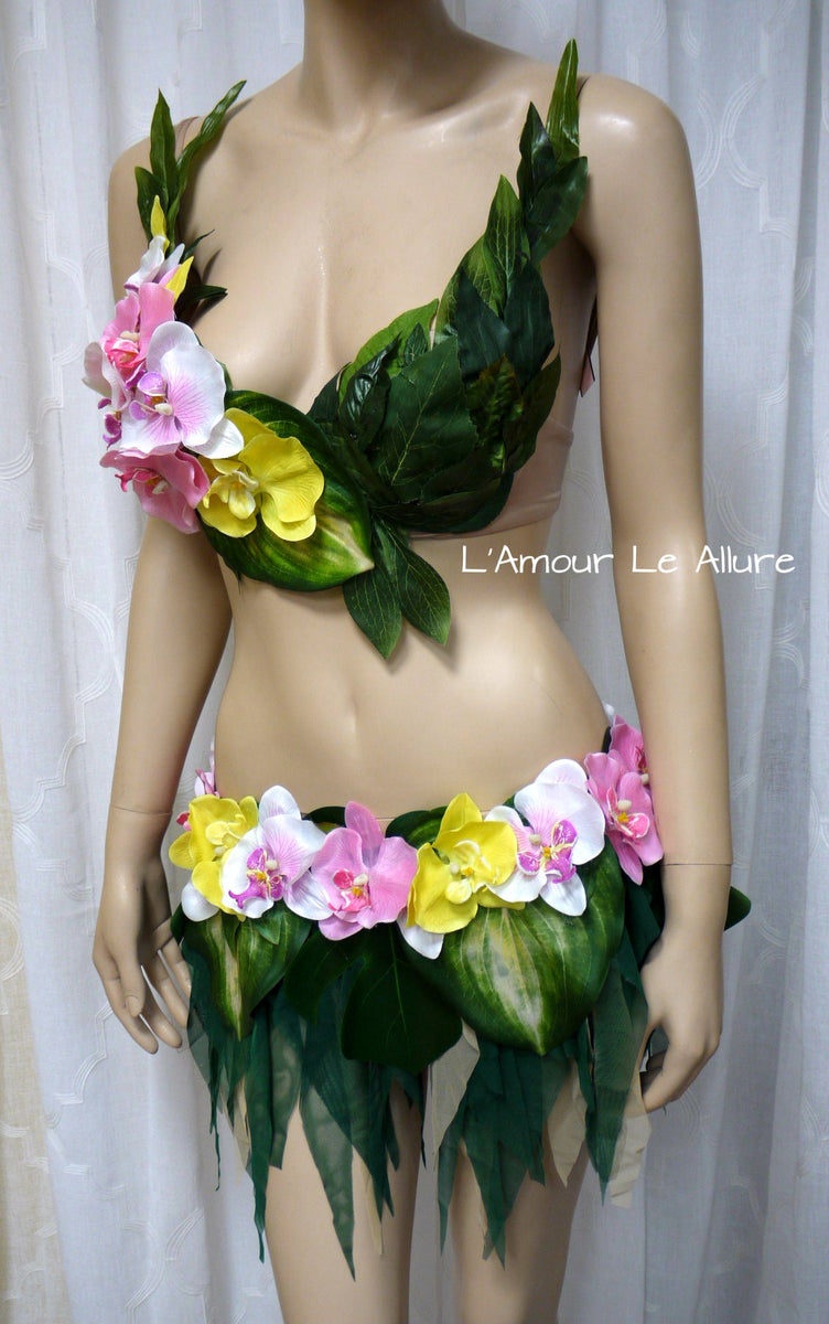 Tropical Hula Girl Coconut Flower Bra and Leaf skirt – L'Amour Le