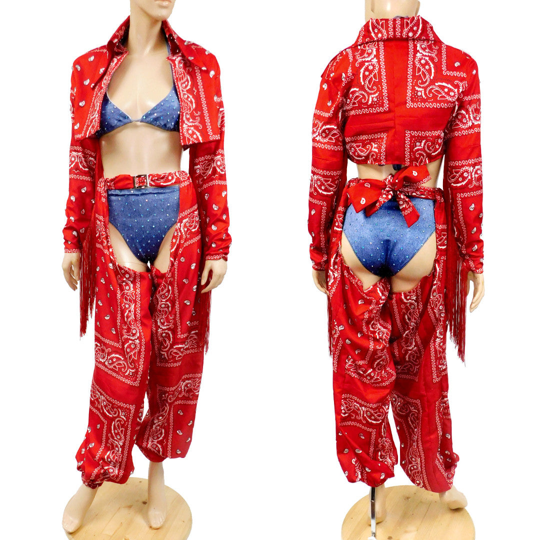 L'Amour Le Allure Cardi B Thotiana Inspired Costume - Red Bandana Cow Girl Jacket and Chaps with A Stretch Jean Bikini Bandana Chaps Only