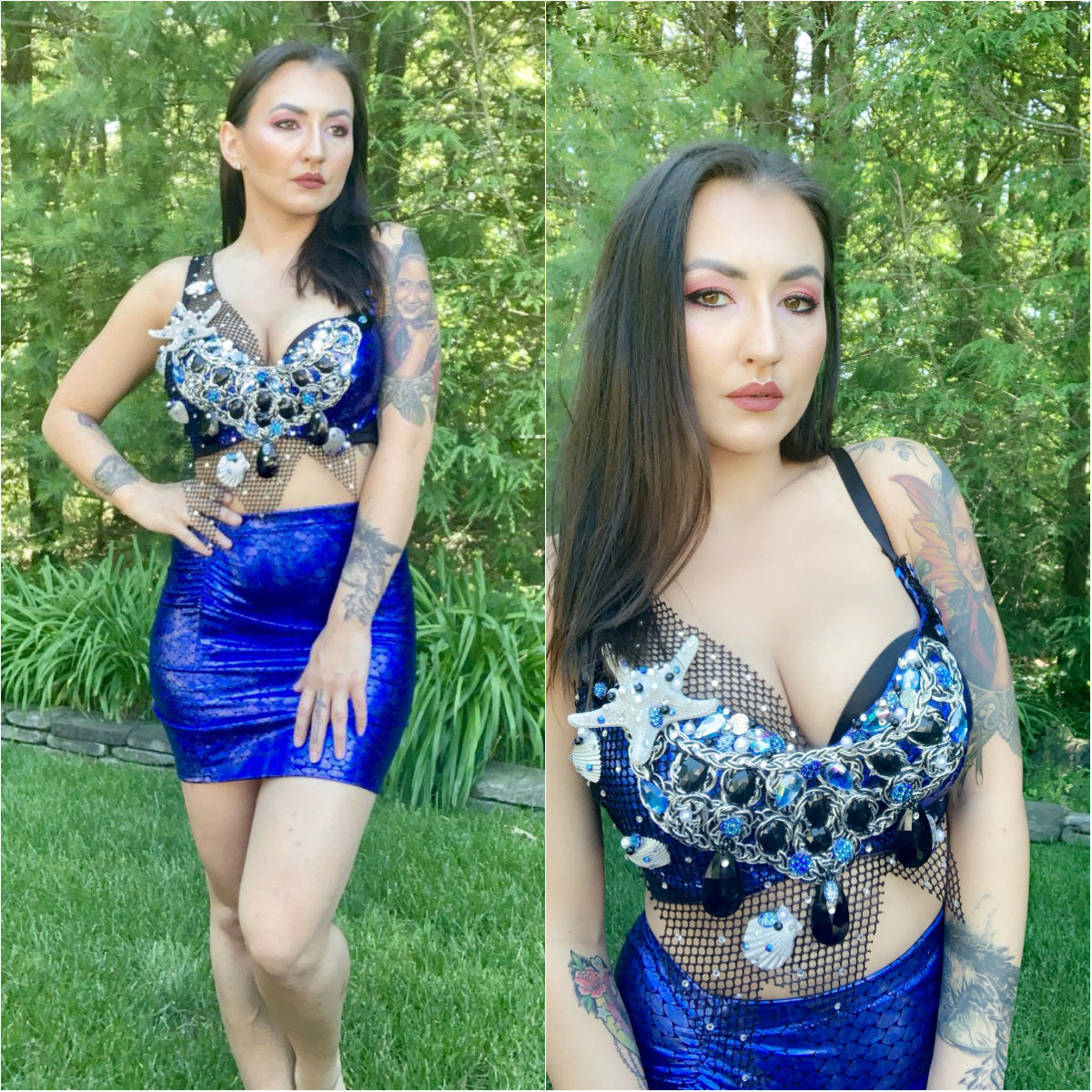 Dark Blue Scale Siren Mermaid Bra and High Waisted Spandex Skirt