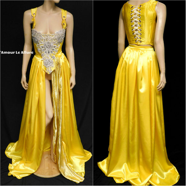 Princess Belle Inspired Yellow Rhinestone Medieval Renaissance Ball Gown Dress Skirt with Corset