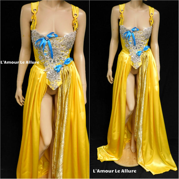Princess Belle Inspired Yellow Rhinestone Medieval Renaissance Ball Gown Dress Skirt with Corset and Blue Bows