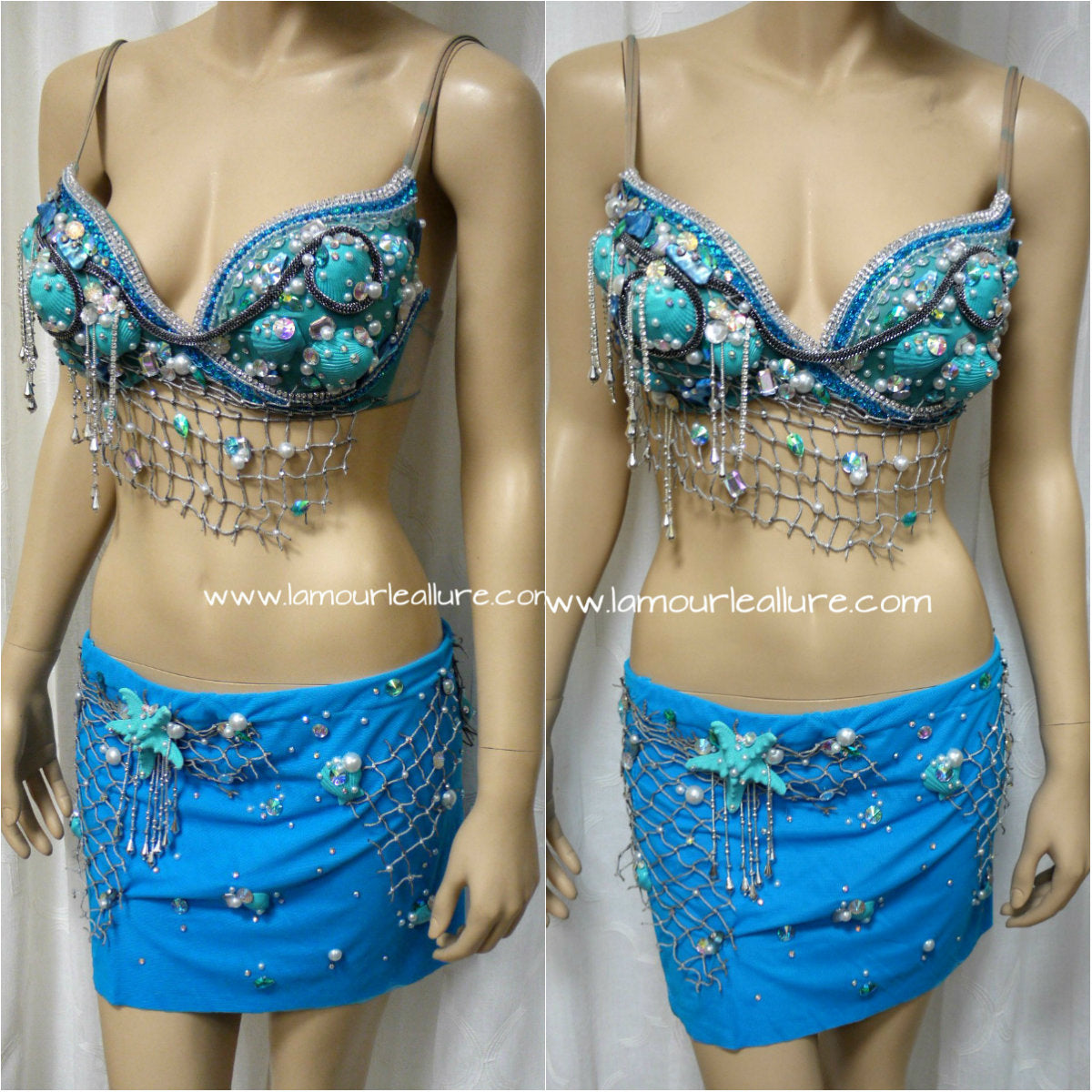 Turquoise Shell Mermaid Top with Skirt Dance Halloween Costume – L