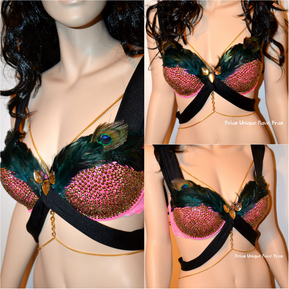 Hot Pink Peacock Feather Rhinestone Cage Bra – L'Amour Le Allure