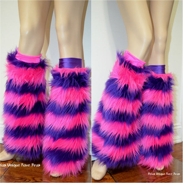 Cheshire Cat Inspired Fur Leg Warmers Rave Fluffies with Pink and Purple Stripes