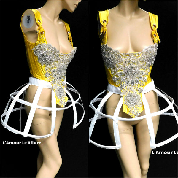 Princess Belle Inspired Yellow Rhinestone Medieval Renaissance Ball Gown Dress Skirt with Corset and Bone skirt