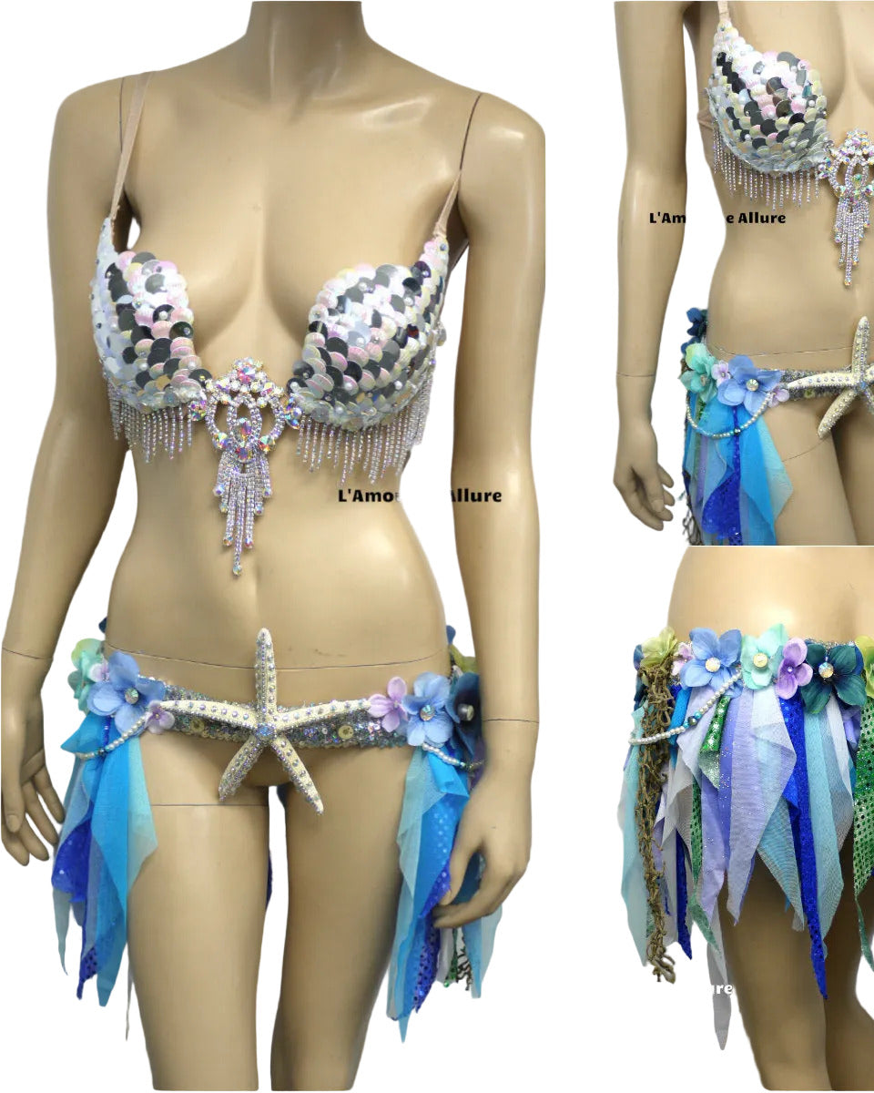 Iridescent White Sequin Scale Mermaid Plunge with Garter Belt Skirt L'Amour Le Allure Iridescent White Sequin Scale Mermaid Plunge with Garter Belt Skirt L'Amour Le Allure