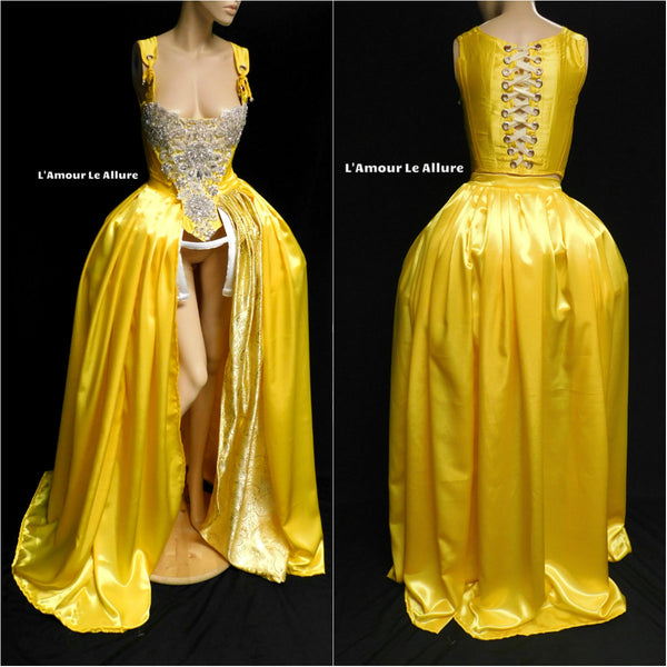 Princess Belle Inspired Yellow Rhinestone Medieval Renaissance Ball Gown Dress Skirt with Corset and Bone skirt