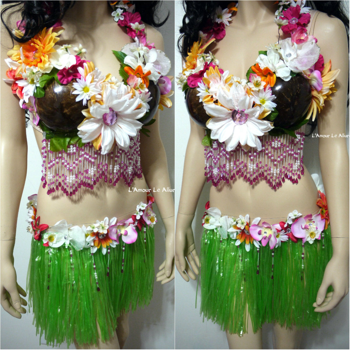 Coconut Bra Green Grass Skirt Hula Girl Juniors V-Neck Beach Cover-Up Dress  