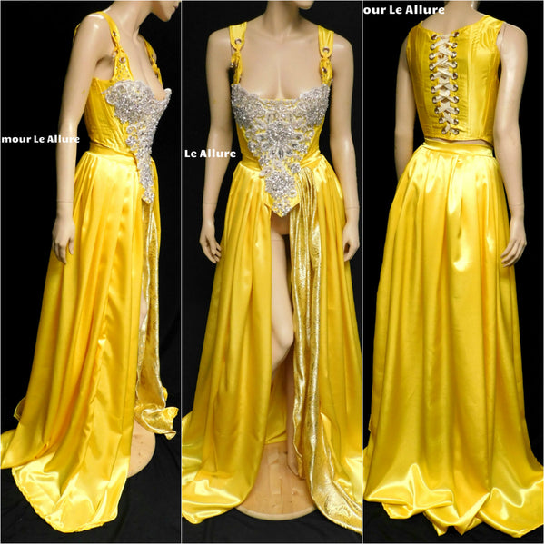 Princess Belle Inspired Yellow Rhinestone Medieval Renaissance Ball Gown Dress Skirt with Corset and Bone skirt