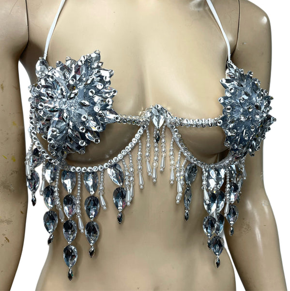 Ready to Ship 34C/32D Silver Dripping In Diamonds Top with Added Beading Samba Carnival Dance Top