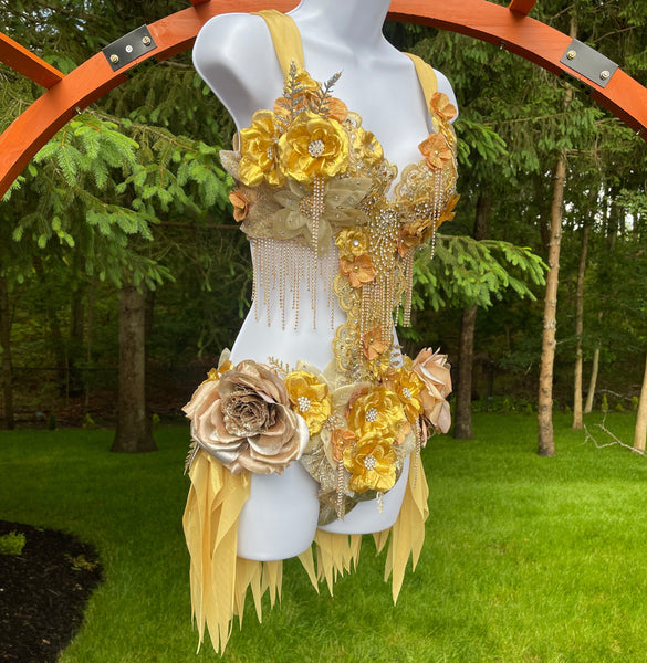 Dripping in Gold Golden Diamond Spring Fairy Goddess with Center Strap Monokini Dress Costume