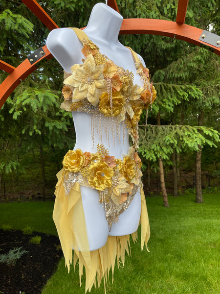 Dripping in Gold Golden Spring Fairy Goddess with Side Strap Monokini Dress Costume