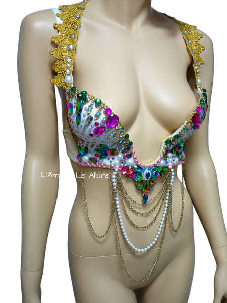 Rainbow Rhinestone Plunge Bra with Chains and Beading