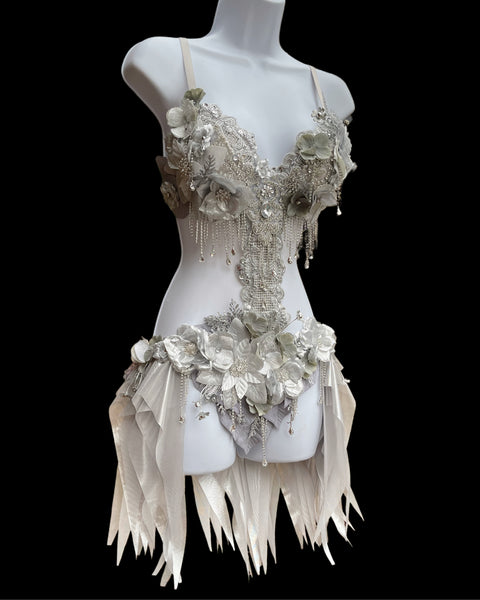 Dripping in Silver Diamond Spring Fairy Goddess with Center Strap Monokini Dress Costume