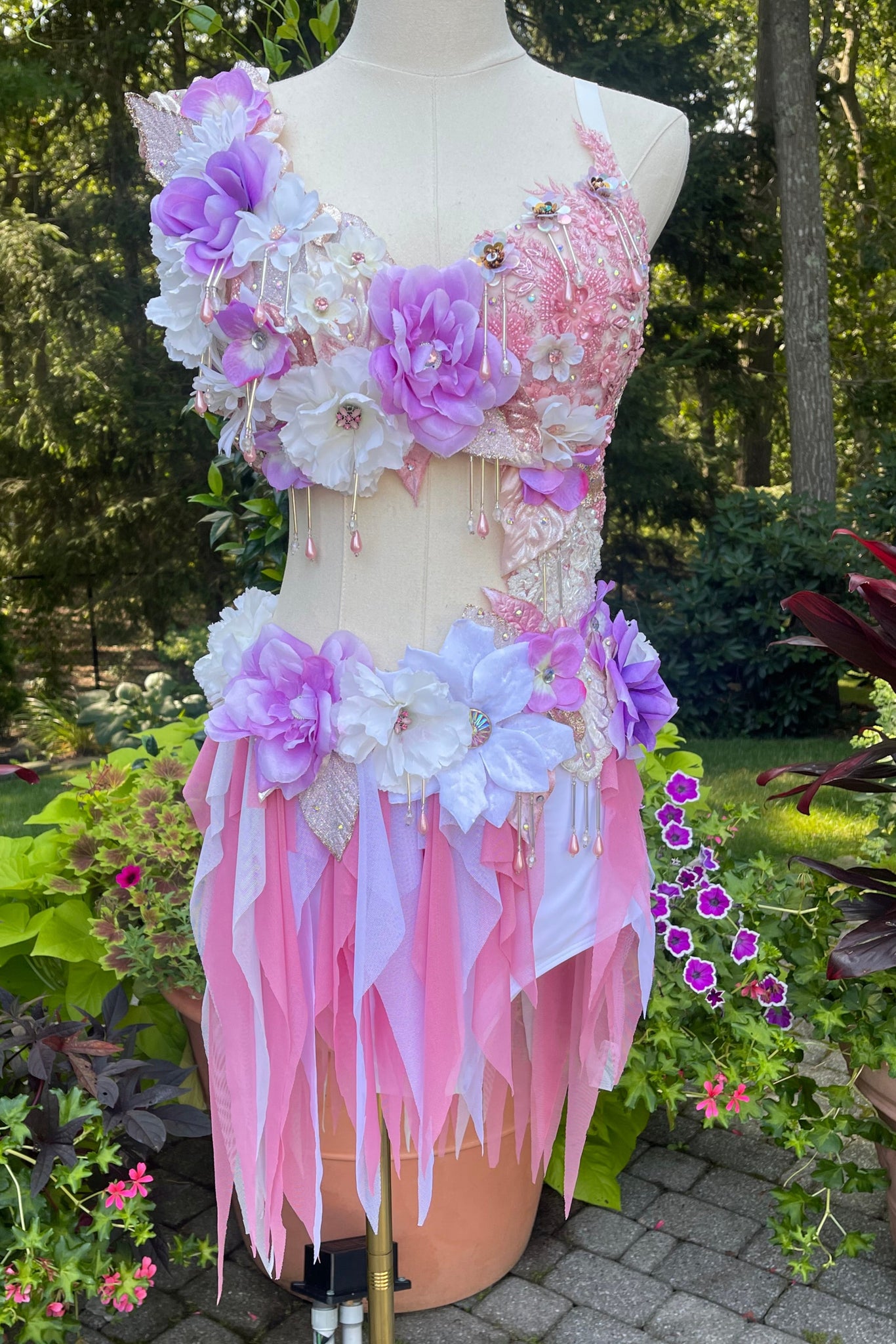 High Waisted Pearl Pink Lavemder White Fairy Monokini Dance Costume Rave Halloween