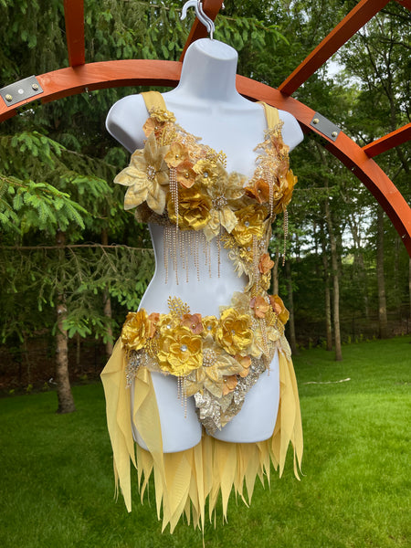 Dripping in Gold Golden Spring Fairy Goddess with Side Strap Monokini Dress Costume