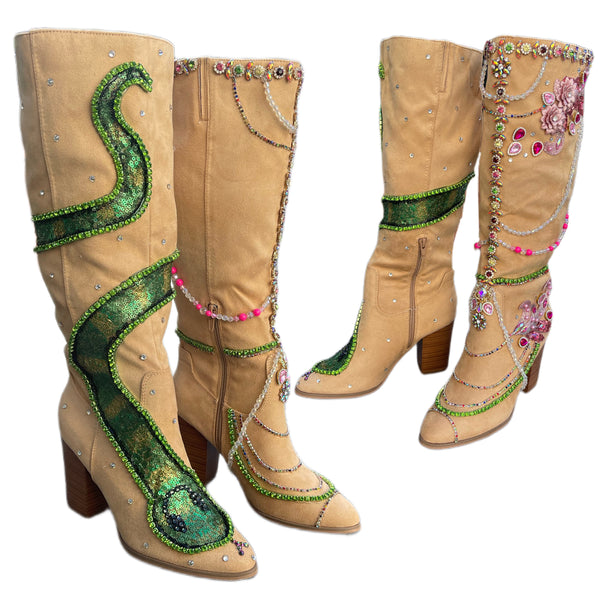Britney I’m A Slave for You Suede  Boots with a sequins Snake and Rhinestone Detailing