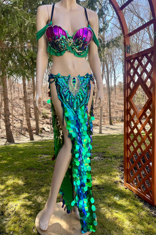 Ready to Ship 32B/34A Size Medium - Purple and Green Sequins Mermaid Siren Belly Dancer 2 Piece
