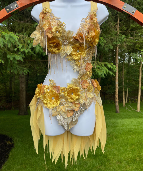 Dripping in Gold Golden Spring Fairy Goddess with Side Strap Monokini Dress Costume