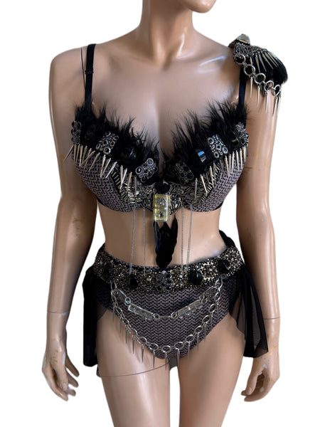 Ready to ship - 34C/36B Medium High Rise Bottom - Black and Silver Studded Viking Warrior Gladiator Costume