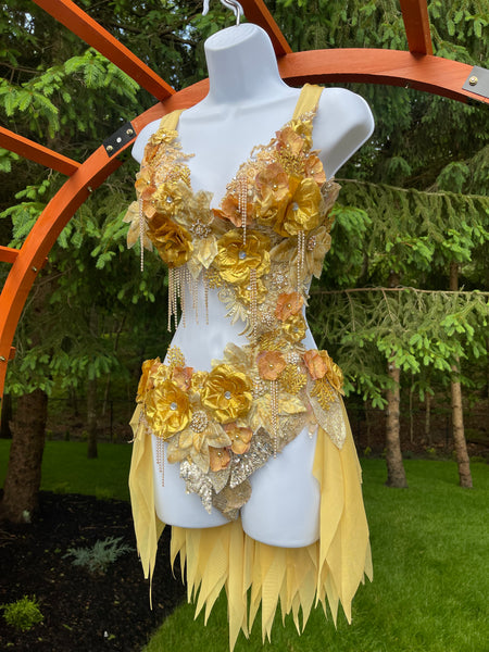 Ready to Ship - Dripping in Gold Golden Spring Fairy Goddess with Side Strap Monokini Dress Costume