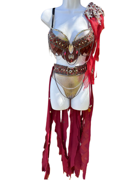 Burgundy and Silver War Torn Dragon Slayer Warrior Cosplay Bra and Bottom Costume