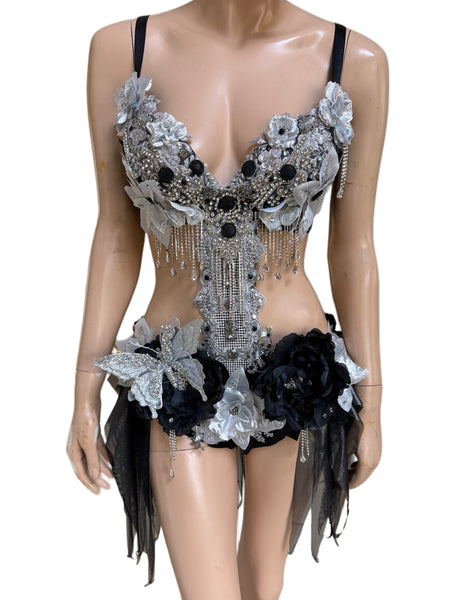 Dripping in Silver and Black Diamond Spring Fairy Goddess with Center Strap Monokini Dress Costume