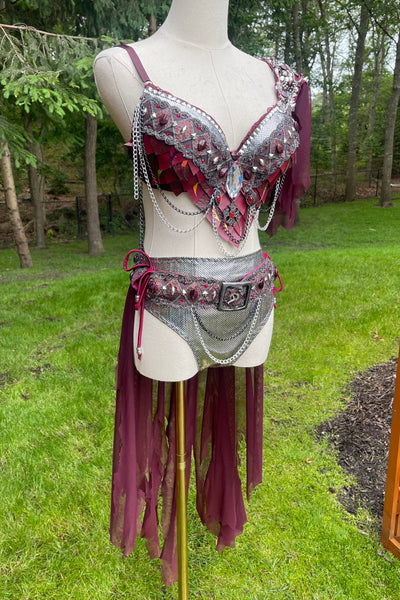 Burgundy and Silver War Torn Dragon Slayer Warrior Cosplay Bra and Bottom Costume