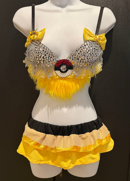 Yellow Electric Mouse Inspired Fur Bra and Micro Skirt Bottom