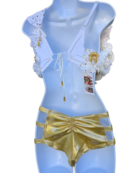 Floral Gold and White Fairy Monokini with Gold Boyshorts
