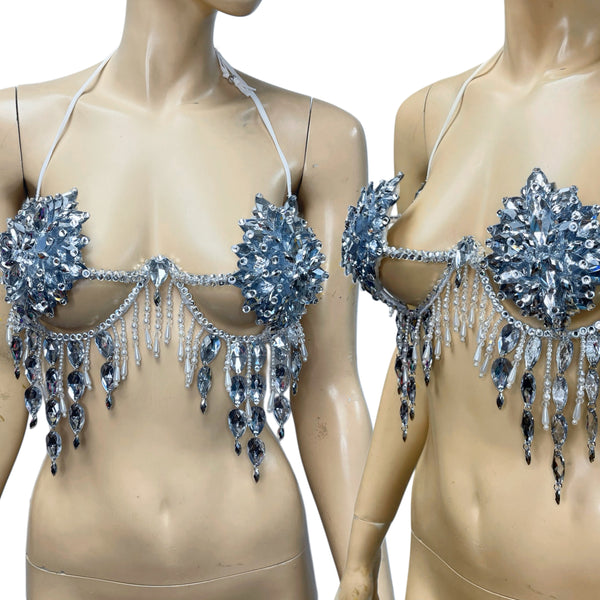 Ready to Ship 34C/32D Silver Dripping In Diamonds Top with Added Beading Samba Carnival Dance Top