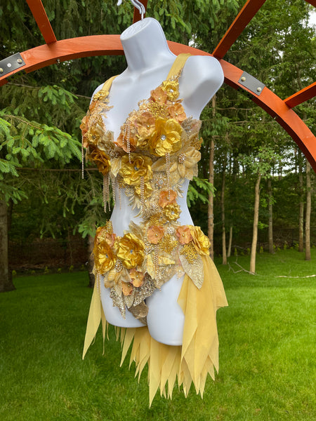 Dripping in Gold Golden Spring Fairy Goddess with Side Strap Monokini Dress Costume