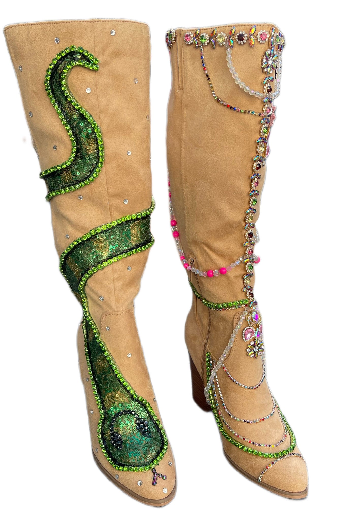 Britney Inspired I’m A S for You Suede  Boots with a sequins Snake and Rhinestone Detailing