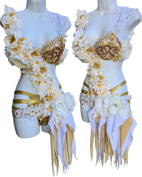 Floral Gold and White Fairy Monokini with Gold Boyshorts