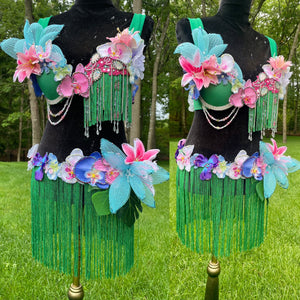 Tropical Hawaiian Hula Island Girl Orchid Flower Bra and Fringe Skirt